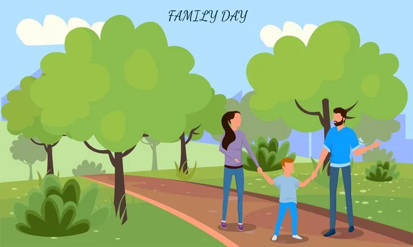 Parkta yürüyüş birlikte bir aile. Baba Anne ve oğlu komik konuşuyor. Günün kutlu olsun, sağlıklı bir ilişki. Vektör afiş, poster. Infographic tam illüstrasyon bağlantıyı göstermek için