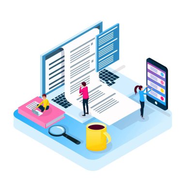 İzometrik sınav online. Birim vektör çizim tarzı düz. İnsanlar test yarım bir bilgisayar, bir telefon, bir dizüstü bilgisayar ile geçer. İşletme eğitimi, ders, okul, üniversite. İniş için web.