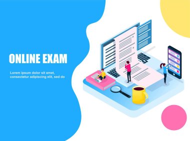 İzometrik sınav online. Birim vektör çizim tarzı düz. İnsanlar test yarım bir bilgisayar, bir telefon, bir dizüstü bilgisayar ile geçer. İşletme eğitimi, ders, okul, üniversite. İniş için web.