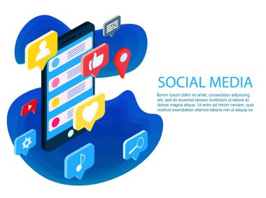 İzometrik düz sosyal medya kavramı afiş metin yer ile. stil en az vektör illüstrasyon izole beyaz arka plan üzerinde. Modern online iletişim ile becerikli alet