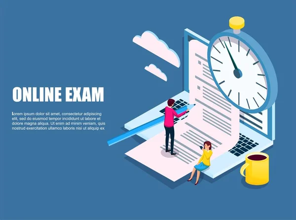 düz sınav izometrik online. , yaratıcı blog yazısı için içerik. Blogger karakter. Web afiş, infographics, kahraman görüntüleri için kullanabilirsiniz. Düz izometrik karakter, vektör çizim 