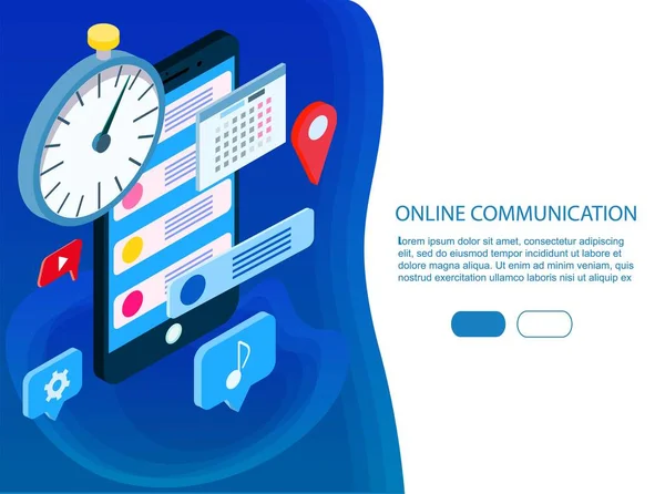 İzometrik düz sosyal medya kavramı afiş metin yer ile. stil en az vektör illüstrasyon izole beyaz arka plan üzerinde. Modern online iletişim ile becerikli alet