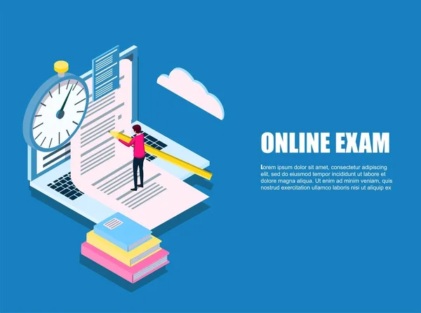düz sınav izometrik online. , yaratıcı blog yazısı için içerik. Blogger karakter. Web afiş, infographics, kahraman görüntüleri için kullanabilirsiniz. Düz izometrik karakter, vektör çizim 