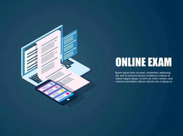 İzometrik sınav online. Birim vektör çizim tarzı düz. yarım bir bilgisayar, bir telefon, bir dizüstü bilgisayar ile sınavı. İşletme eğitimi, ders, okul, üniversite. İniş için web.