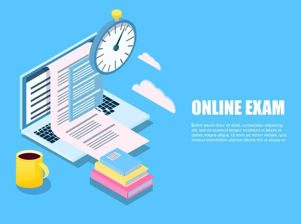 düz sınav izometrik online. Öğretici Infographic, mezuniyet, e-öğrenme araştırma, üniversite, üniversite araştırma, online kurslar kavramı. içerik creative blog yazısı için. Vektör çizim web