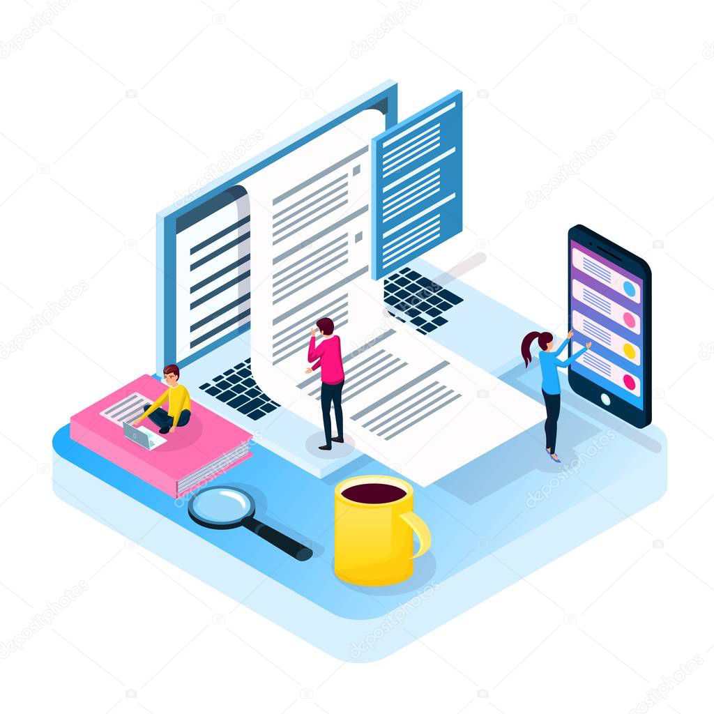 Isometric Exam online. Volume vector illustration in the style of flat. People pass the test with half a computer, a phone, a laptop. Business education, courses, school, university. Landing for web.