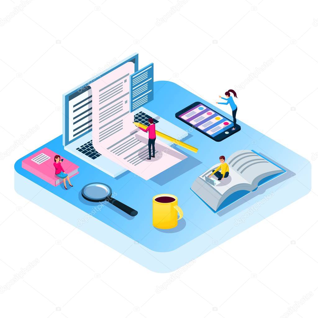 flat exam Isometric online. Volume vector illustration in the style of. People pass the test with half a computer, a phone, a laptop. Business education, courses, school, university. Landing for web