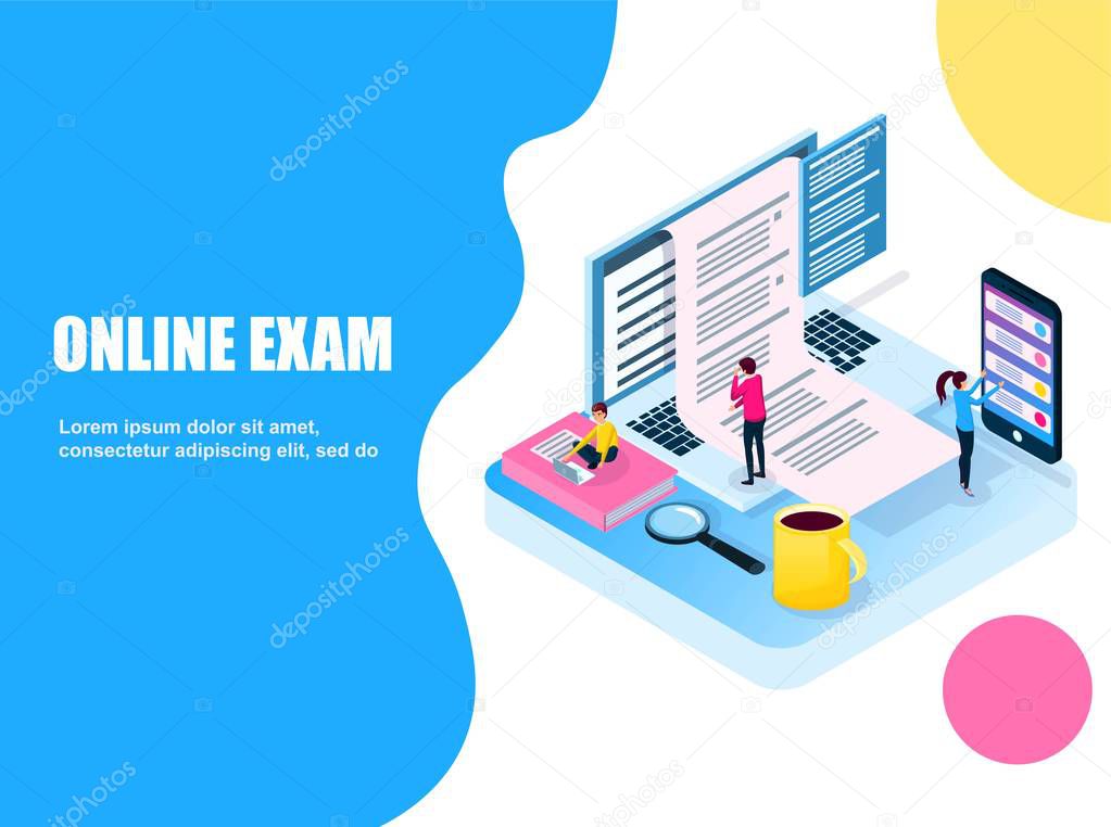 Isometric Exam online. Volume vector illustration in the style of flat. People pass the test with half a computer, a phone, a laptop. Business education, courses, school, university. Landing for web.