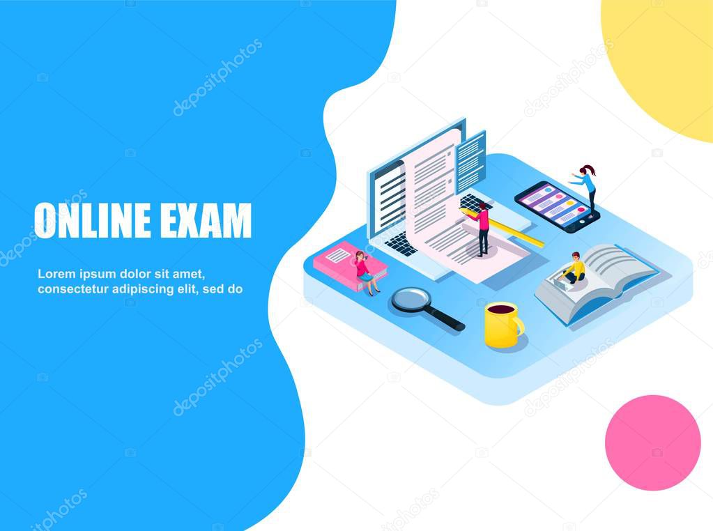 flat exam Isometric online. Volume vector illustration in the style of. People pass the test with half a computer, a phone, a laptop. Business education, courses, school, university. Landing for web