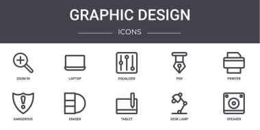 Grafik tasarım konsept çizgisi simgeleri ayarlandı. Web, logo, dizüstü bilgisayar, kalem, tehlikeli, tablet, masa lambası, hoparlör, yazıcı, eşitleyici gibi simgeler içerir