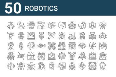 50 robot ikonu seti. Sanal gerçeklik gözlüğü, robot, sanal gerçeklik gözlüğü, robotik kol, hap, robotik bacaklar gibi ince çizgi simgeleri