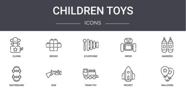 Çocuk oyuncakları konsept çizgisi simgeleri. Tuğla, droid, kaykay, oyuncak, roket, balon, işaret, ksilofon gibi ağ, logo, ui / ux gibi simgeler içerir