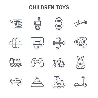 16 çocuk oyuncağı konsept vektör çizgisi simgeleri. 64x64 ince vuruş simgeleri: walkie talkie, brick, yoyo, tribike, piramit, scooter, paten, yay ve ok, silah