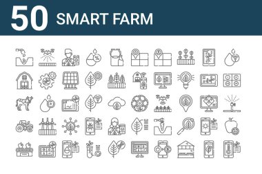 50 akıllı çiftlik ikonu. Sıcaklık, konveyör bandı, traktör, inek, ahır, sulama, dron gibi ince çizgi simgeleri
