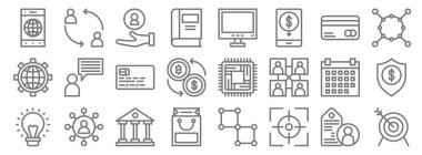 İş dünyası simgeleri. Doğrusal küme. Hedef, hedef, alışveriş çantası, fikir, takvim, kimlik kartı, ağ, izleme, takım gibi kalite vektör satırı