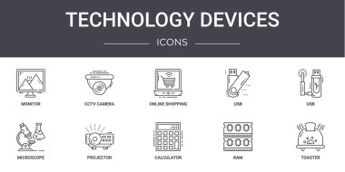 Teknoloji cihazları konsept çizgi simgeleri ayarlandı. Web, logo, ui / ux, kamera, usb, mikroskop, hesap makinesi, ram, tost makinesi, usb, çevrimiçi alışveriş gibi simgeler içerir