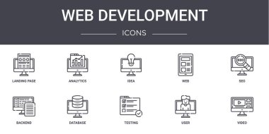Web geliştirme konsepti simgeleri ayarlandı. Web, logo, ui / ux, analitik, web, arka uç, test, kullanıcı, video, seo, fikir gibi simgeler içerir