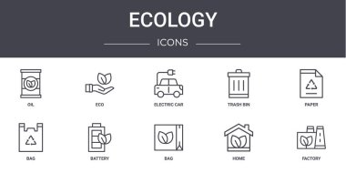 Ekoloji konsepti çizgisi simgeleri ayarlandı. Eko, çöp kutusu, çanta, çanta, ev, fabrika, kağıt, elektrikli araba gibi web, logo, ui / ux gibi simgeler içerir
