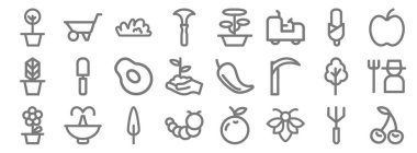 peyzaj ekipman hattı simgeleri. Doğrusal küme. Kiraz, arı, tırtıl, papatya, ağaç, armut, elma, saksı, el arabası gibi kalite vektör dizileri