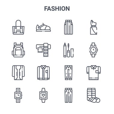 16 moda konsept vektör çizgisi simgesi. 64x64 sandalet, sırt çantası, saat, kot pantolon, kol saati, çorap, pantolon, makyaj, elbise gibi ince vuruş simgeleri