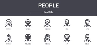 İnsanlar konsept çizgisi simgeleri. Web, logo, ui / ux gibi simgeler içerir: kadın, erkek, kadın, kadın, çocuk, sakal, erkek,