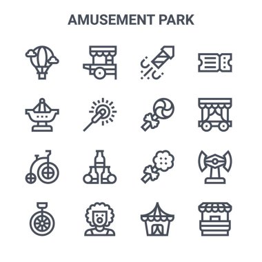 16 tane lunapark konsept vektör çizgisi simgesi. 64x64 yemek arabası, adil gemi, tiyatro, pamuk şeker, palyaço standı, sirk çadırı, lolipop, bilet gibi ince vuruş simgeleri