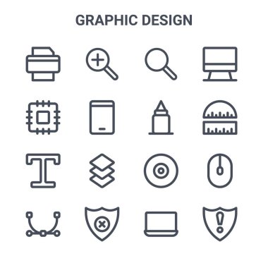 16 grafik tasarım konsept vektör çizgisi simgesi. 64x64 İnce vuruş simgeleri, yakınlaştır, Cpu, cetvel, kompakt disk, koruma yok, tehlikeli, dizüstü bilgisayar, yapıştırıcı, bilgisayar