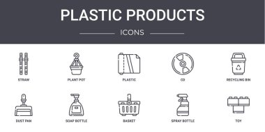 Plastik ürünler konsept çizgisi simgeleri. Web, logo, bitki otu, cd, toz tavası, sepet, sprey şişesi, oyuncak, geri dönüşüm kutusu, plastik gibi simgeler içerir