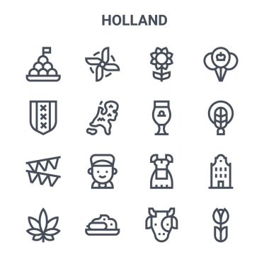 16 Holland konsept vektör çizgisi simgesi. 64x64 Yel değirmeni, amber, örgü, kostüm, pul saksı, lale, inek, bira, balon gibi ince vuruş simgeleri
