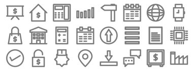 Pazarlama sektörü simgeleri. Doğrusal küme. Fabrika, sohbet, pin, doğru, dosya, hesap makinesi, saatler, sola ok, banka gibi kalite vektör dizileri