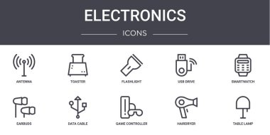 Elektronik konsept çizgi simgeleri ayarlandı. Web, logo, ui / ux, tost makinesi, usb sürücüsü, kulaklıklar, oyun kumandası, saç kurutma makinesi, masa lambası, smartwatch, fener gibi simgeler içerir