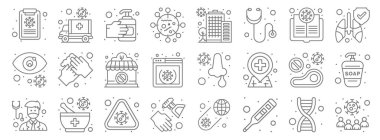 Koronavirüs çizgisi simgeleri. Doğrusal küme. Coronavirus, el dezenfektanı, doktor, et yok, kapalı, akciğerler, karantina, ambulans gibi kalite vektör dizileri