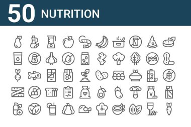 50 beslenme ikonu seti. Havuç, vitamin, mezura, turp, su, zeytinyağı, patates gibi ince çizgi simgeleri