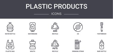 Plastik ürünler konsept çizgisi simgeleri. Web, logo, ui / ux, mayonez, cd, plastik torba, geri dönüşüm, pipet, bebek şişesi, diş fırçası, geri dönüşüm gibi simgeler içerir