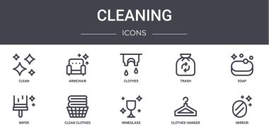 Temizlik konsepti simgeleri ayarlandı. Web, logo, ui / ux, koltuk, çöp, silecek, şarap kadehi, elbise askısı, ayna, sabun, giysi gibi simgeler içerir