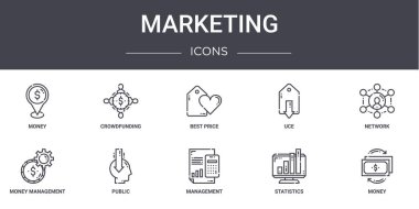 Pazarlama konsepti simgeleri ayarlandı. Web, logo, ui / ux, kitle fonlama, uce, para yönetimi, yönetim, istatistik, para, ağ, en iyi fiyat gibi simgeler içerir