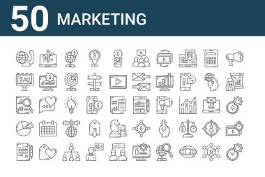 set of 50 marketing icons. outline thin line icons such as time management, article, pie chart, analytics, advertising, organic, report clipart
