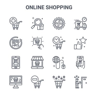 16 adet online alışveriş konsepti vektör çizgisi simgesi. 64x64 arama, açık çalışma saatleri, en çok satanlar, internet, dağıtım elemanı, derecelendirme, dilek listesi, hızlı dağıtım gibi ince vuruş simgeleri