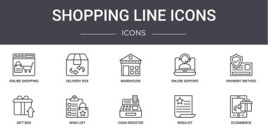 Alışveriş çizgisi simgeleri konsept çizgisi simgeleri ayarlandı. Web, logo, posta kutusu, çevrimiçi destek, hediye kutusu, yazar kasa, dilek listesi, ekommerce, ödeme yöntemi, depo gibi simgeler içerir