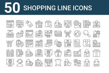 50 adet alışveriş çizgisi simgesi. Alışveriş çantası, arama motoru, takvim, alışveriş arabası, açık, çevrimiçi dükkan, koruma gibi ince çizgi simgeleri