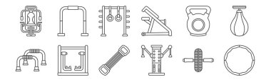 12 set doğrusal fitness simgesi. Hula hoop, vücut geliştirme aracı, yürüteç, kettlebell, jimnastik halkaları, ağ için spor salonu çubukları, mobil