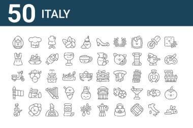 50 italyan simgesi. Biftek, keman, italyan, scooter, elbise, aşçı, lazanya gibi ince çizgi simgeleri