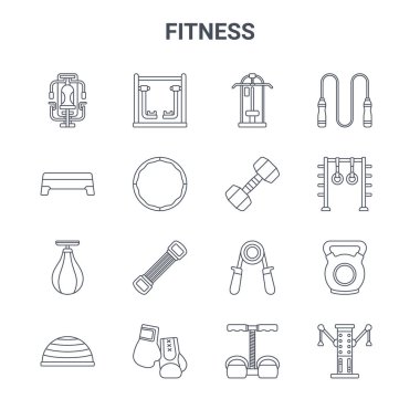 16 fitness konsept vektör çizgisi simgesi. 64x64 İnce vuruş simgeleri Walker, egzersiz aracı, jimnastik halkaları, tutucu, boks eldiveni, vücut geliştirme aracı, göğüs büyütme, dambıl, atlama