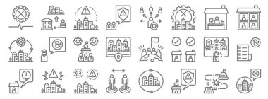 Kilitleme çizgisi simgeleri. Doğrusal küme. Kapatma, politika, boşluk, evde kalma, kilidi açma, hükümet, karantina, hastalık, hapishane gibi kalite vektör çizgisi