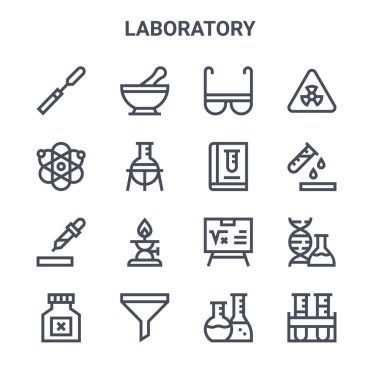 16 laboratuvar konsept vektör çizgisi simgesi. Havan, atom, test tüpü, formül, filtre, test tüpleri, laboratuvar, kimya, alarm gibi 64x64 ince vuruş simgeleri