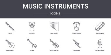 Müzik aletleri konsept çizgi simgeleri ayarlandı. Web, logo, ui / ux, djembe, trampet, mandolin, bas gitar, trombon, mikrofon, mızıka, pan flütü gibi simgeler içerir