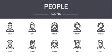 İnsanlar konsept çizgisi simgeleri. Web, logo, ui / ux, erkek, kadın, erkek, kadın, kız, erkek, erkek, kadın gibi simgeler içerir,