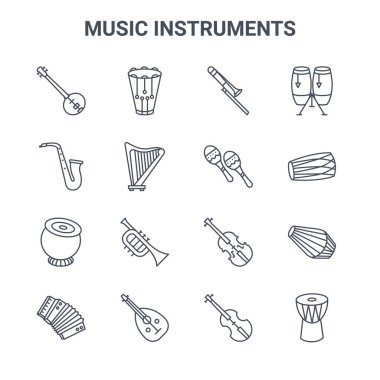 16 müzik enstrümanı konsept vektör çizgisi simgesi seti. 64x64 trampet, saksafon, dholak, keman, müzik aleti, djembe, keman, marakas, conga gibi ince vuruş simgeleri