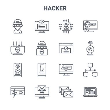 16 hacker konsept vektör çizgisi simgesi. 64x64 İnce vuruş simgeleri gibi casus, modem, casus, dikkat, böcek, uyarı, spam, kalkan, parola