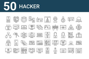 50 bilgisayar korsanı ikonu. Hacker, virüs, hacker, modem, programlama, veri hırsızlığı gibi ince çizgi simgeleri